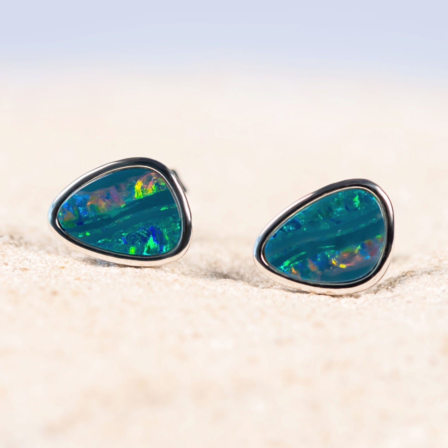 green and multi-colour doublet opal silver earrings