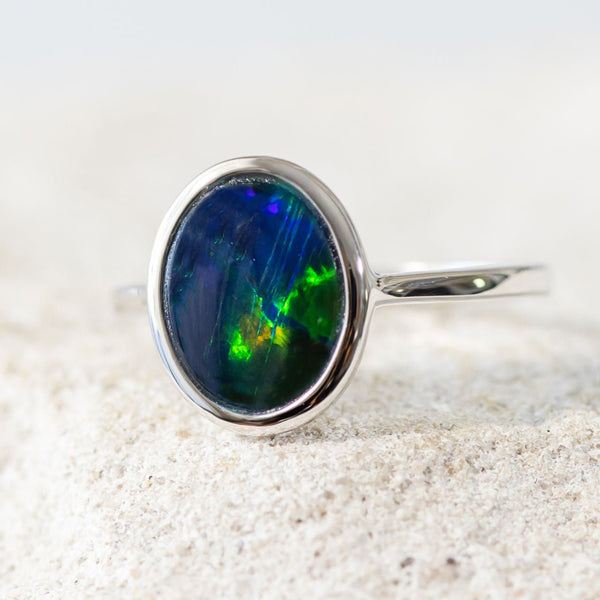 'Irena' White Gold Australian Triplet Opal Ring - Black Star Opal