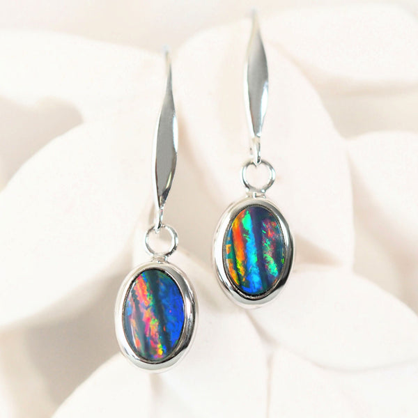 colourful doublet opal drop earrings set in white gold
