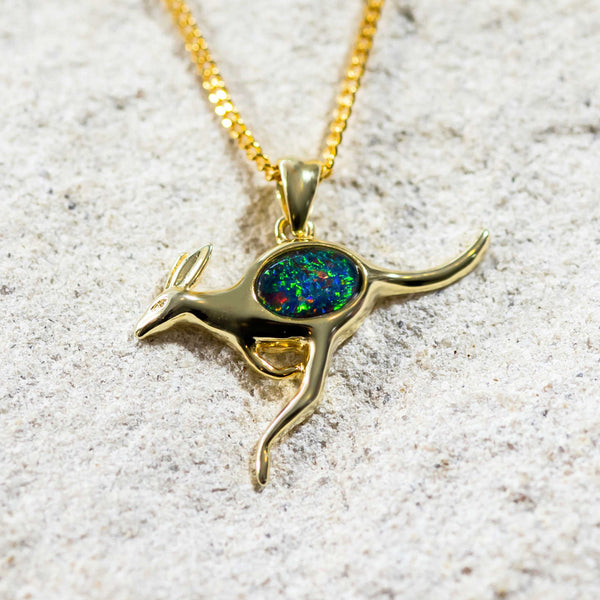 'Kangaroo' Gold Plated Silver Australian Triplet Opal Necklace Pendant - Black Star Opal