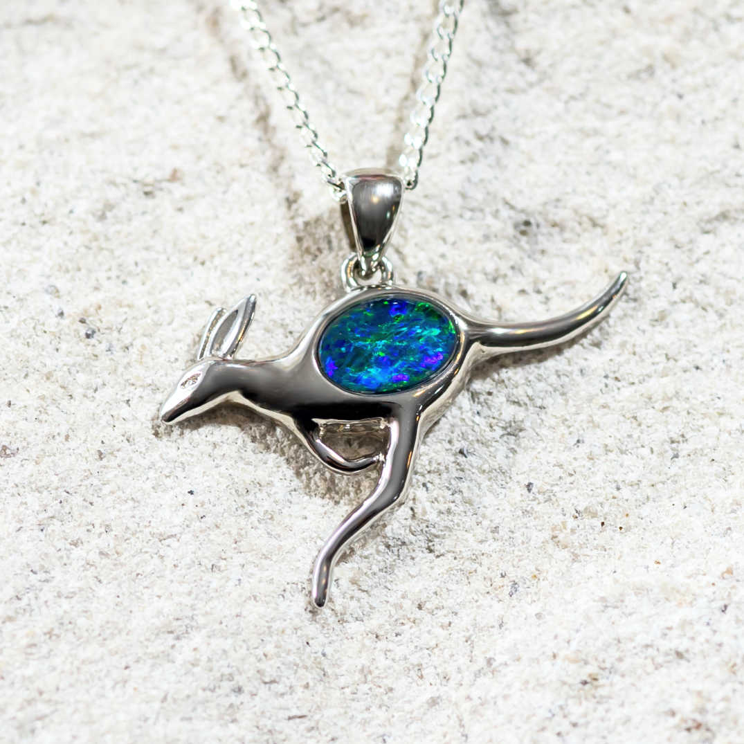 'Kangaroo' Silver Australian Triplet Opal Necklace Pendant - Black Star Opal