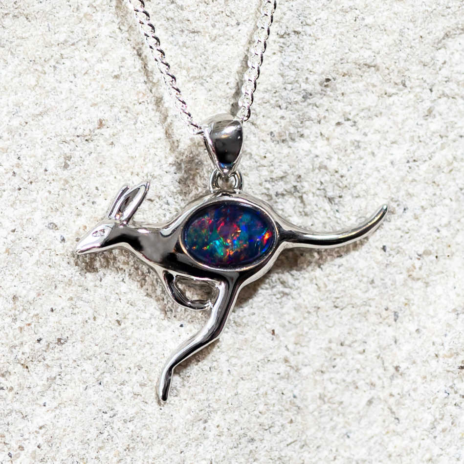 'Kangaroo' Silver Australian Triplet Opal Necklace Pendant - Black Star Opal