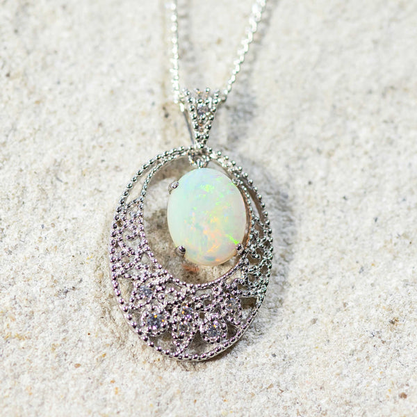 'Lace' Silver Australian White Opal Necklace Pendant - Black Star Opal