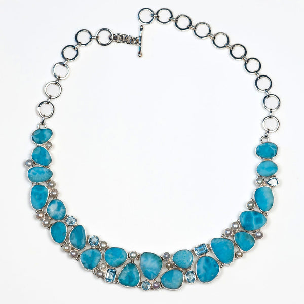 Larimar, blue topaz and pearl silver necklet