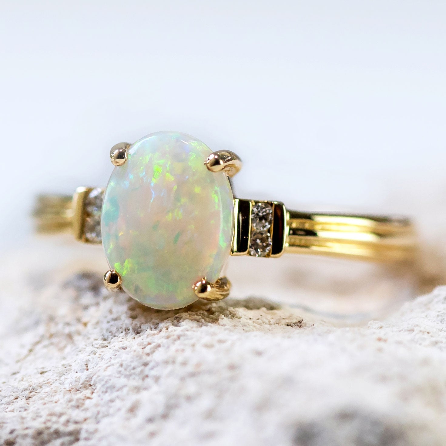 'Lauren' Gold Australian White Opal Ring - Black Star Opal