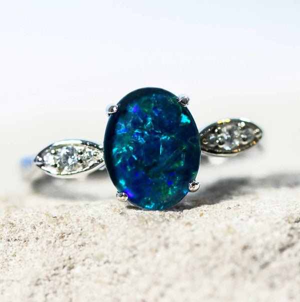 'Marina' Silver Australian Triplet Opal Ring - Black Star Opal