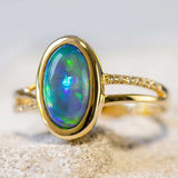 'Melia' Gold Australian Crystal Opal Ring - Black Star Opal