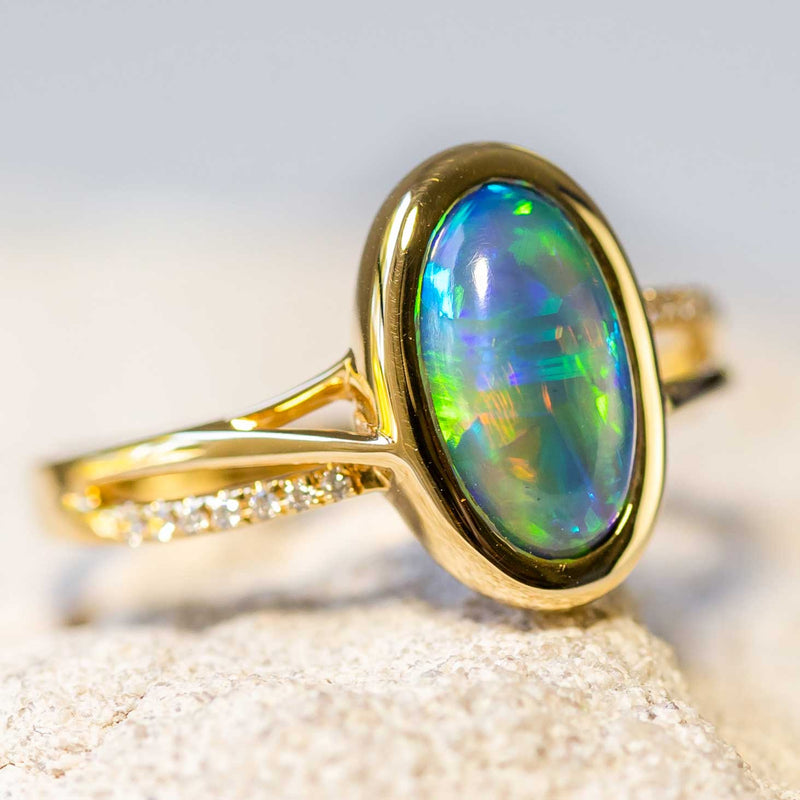 'Melia' Gold Australian Crystal Opal Ring - Black Star Opal