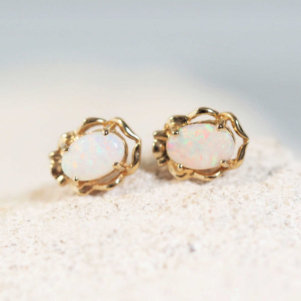 colourful oval Australian opal gold earrings