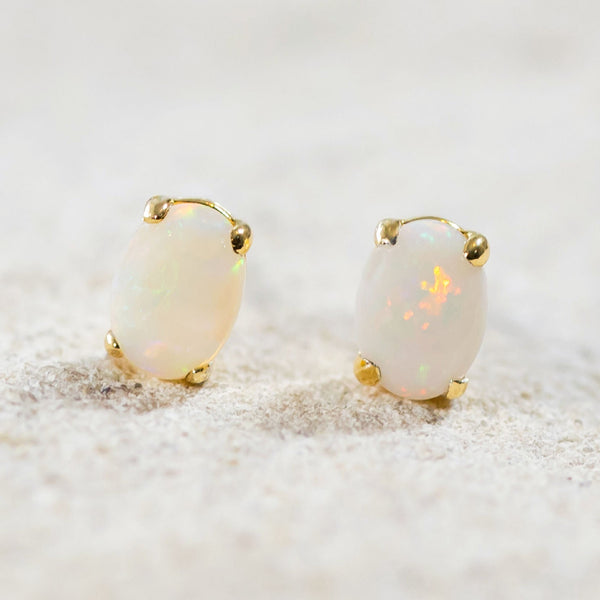 'Olivia' Gold Plated Silver Australian White Opal Earrings - Black Star Opal
