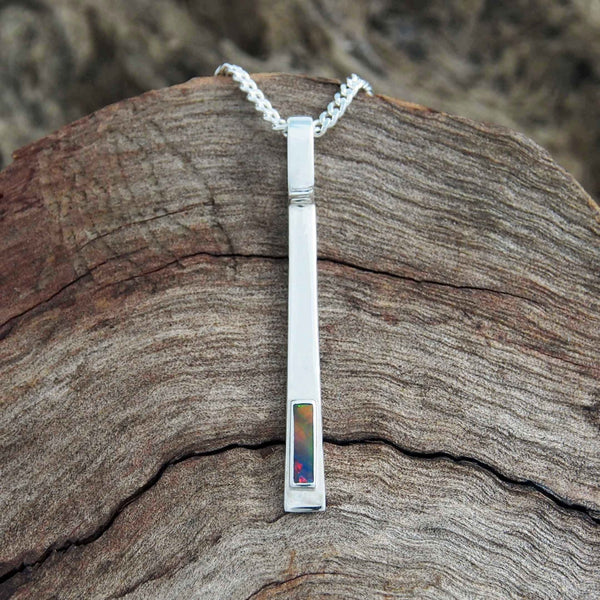 ‘Pendulum’ Silver Australian Doublet Opal Necklace Pendant - Black Star Opal