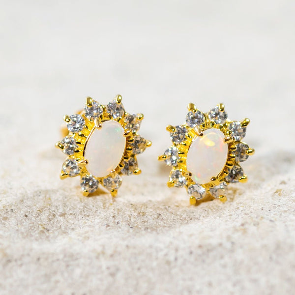 'Princess' Gold Plated Silver Australian Crystal Opal Earrings - Black Star Opal