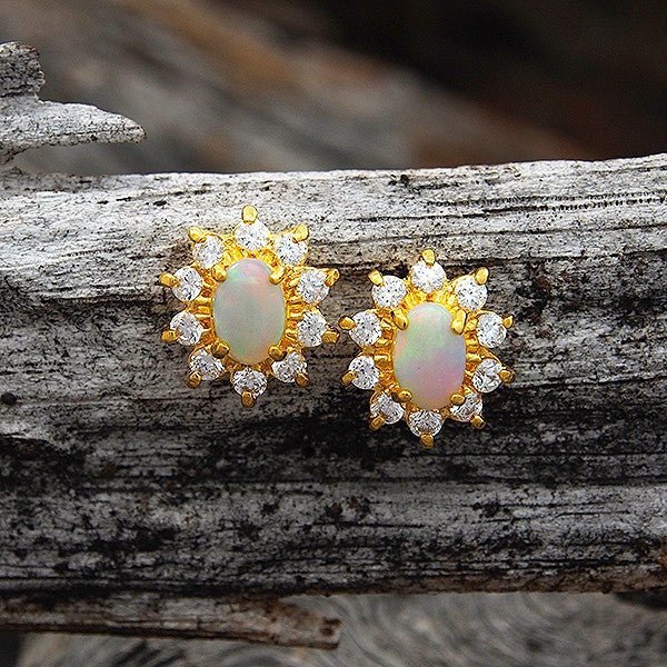 'Princess' Gold Plated Silver Australian Crystal Opal Earrings - Black Star Opal