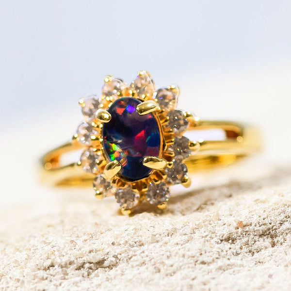 'Princess' Gold Plated Silver Australian Triplet Opal Ring - Black Star Opal