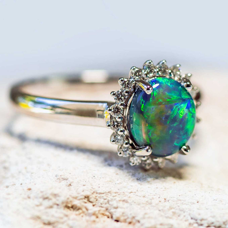 'Rainbow Princess' White Gold Australian Black Opal Ring - Black Star Opal