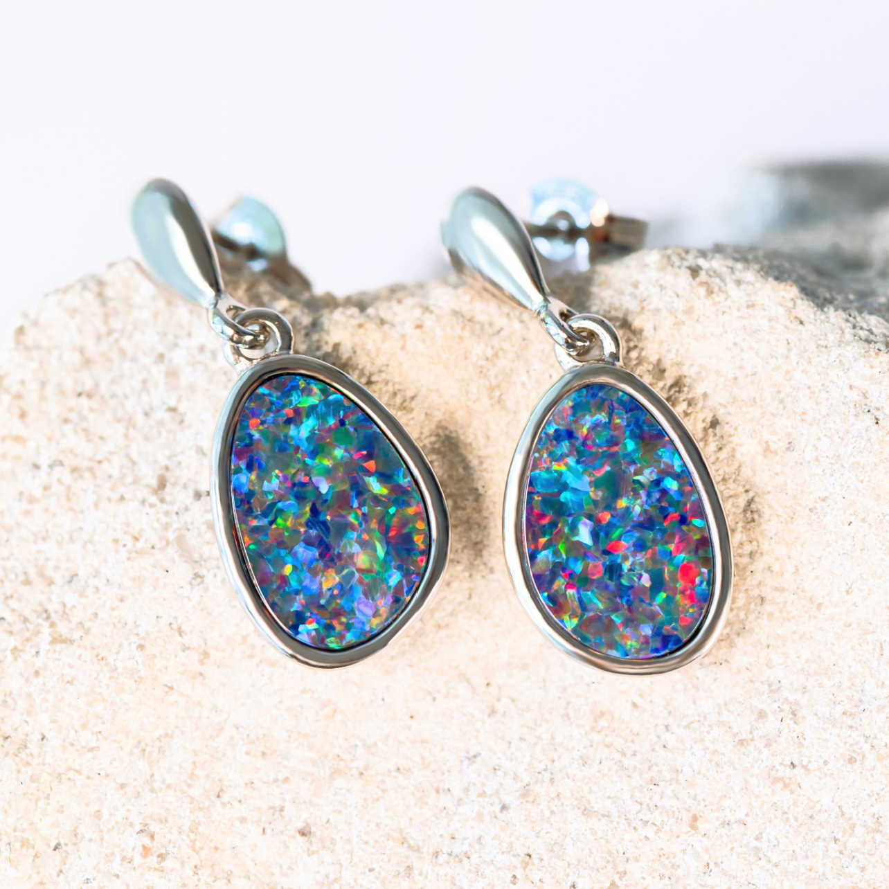 colourful teardrop shaped doublet opal silver earrings