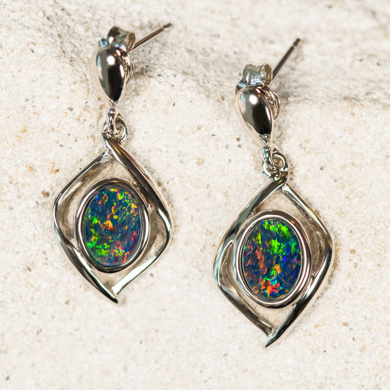 'Remi' Silver Australian Triplet Opal Earrings - Black Star Opal