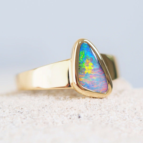 multi-colour black opal gold ring set in 18ct yellow gold