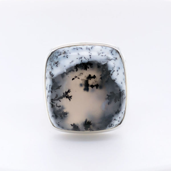 Silver Dendritic Agate Gemstone Ring - Black Star Opal