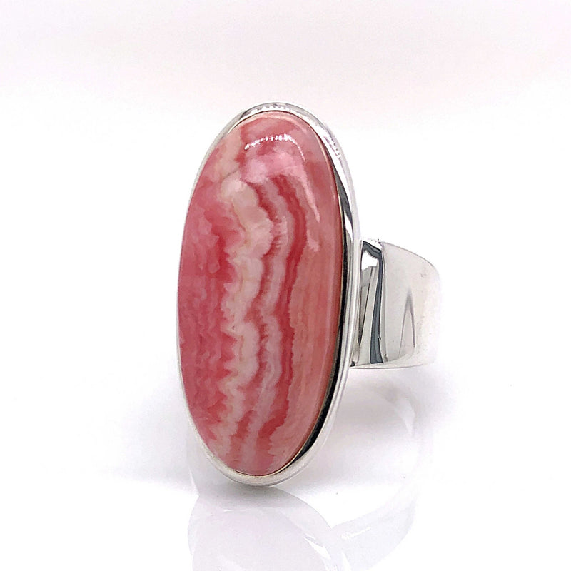 Silver Rhodochrosite Gemstone Ring - Black Star Opal