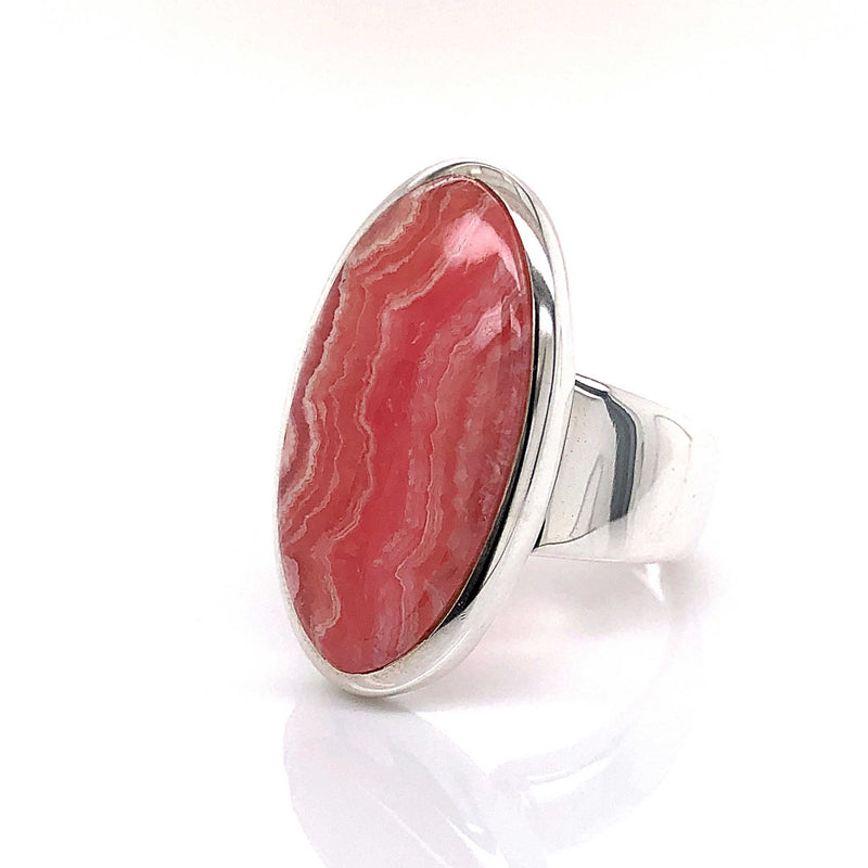 Silver Rhodochrosite Gemstone Ring - Black Star Opal