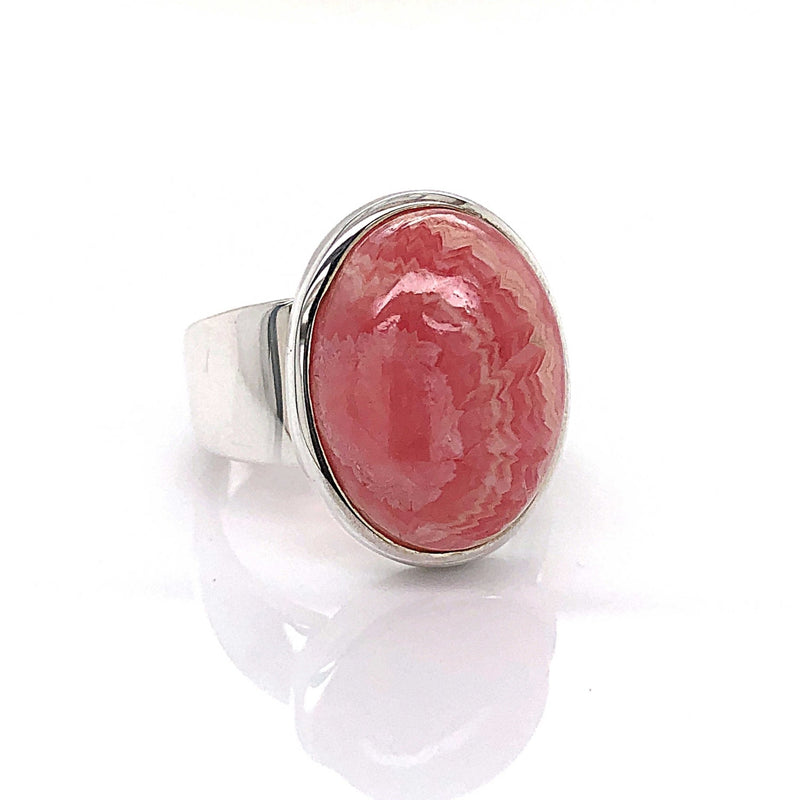 Silver Rhodochrosite Gemstone Ring - Black Star Opal