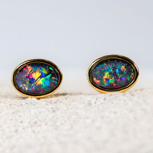 'Sophia' Gold Plated Silver Australian Triplet Opal Earrings - Black Star Opal