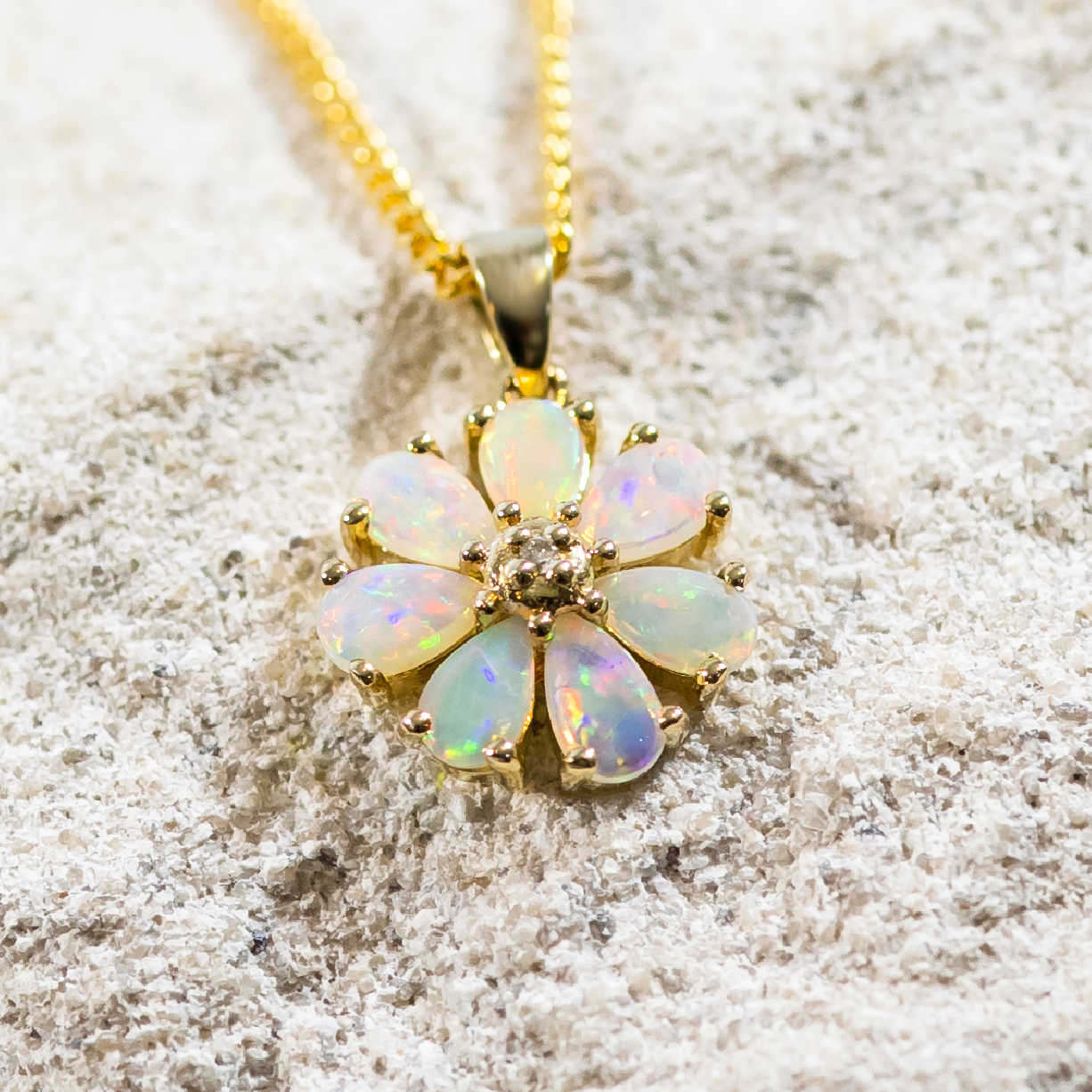 'Starflower' Gold Australian Crystal Opal Necklace Pendant - Black Star Opal