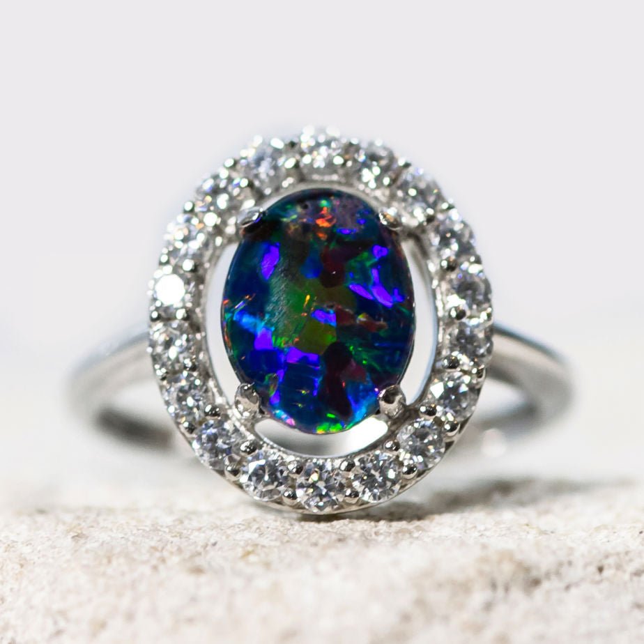 'Stella' Silver Australian Triplet Opal Ring - Black Star Opal