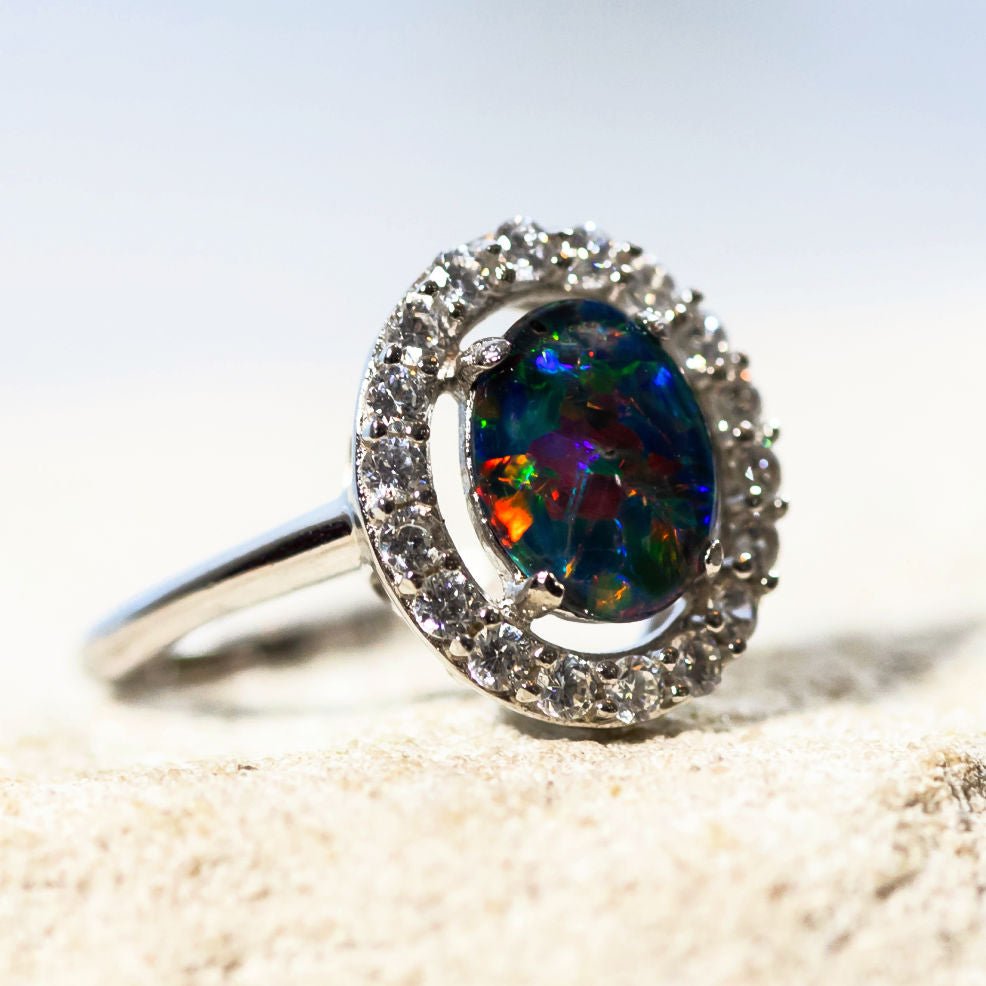 'Stella' Silver Australian Triplet Opal Ring - Black Star Opal