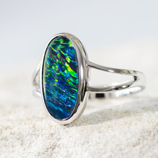 'Stella' White Gold Australian Triplet Opal Ring - Black Star Opal