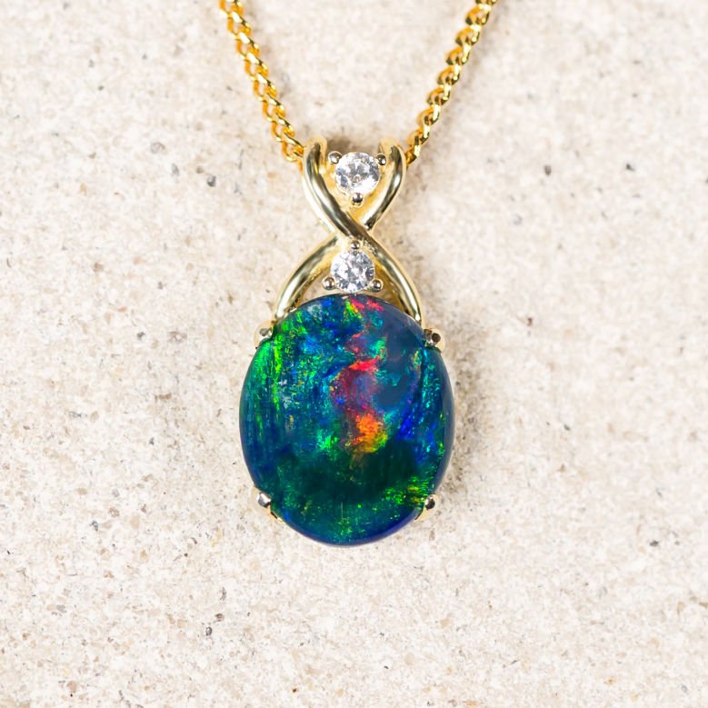 'Timeless' Gold Plated Silver Australian Triplet Opal Necklace Pendant - Black Star Opal