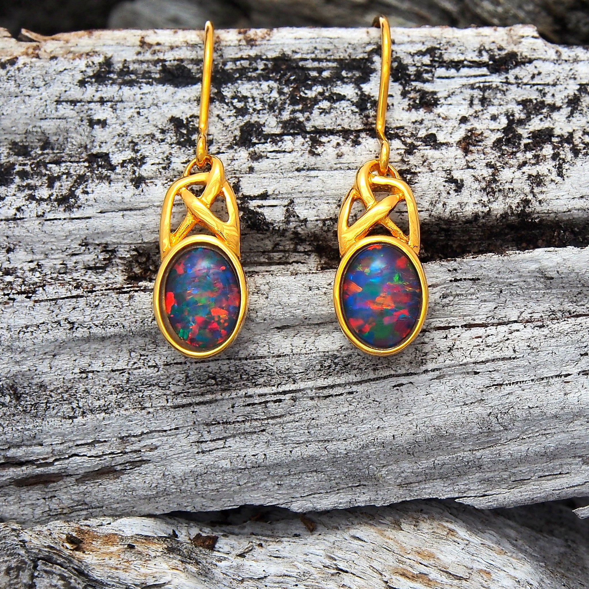 Gold Plated Silver Triplet Opal Earrings - Black Star Opal