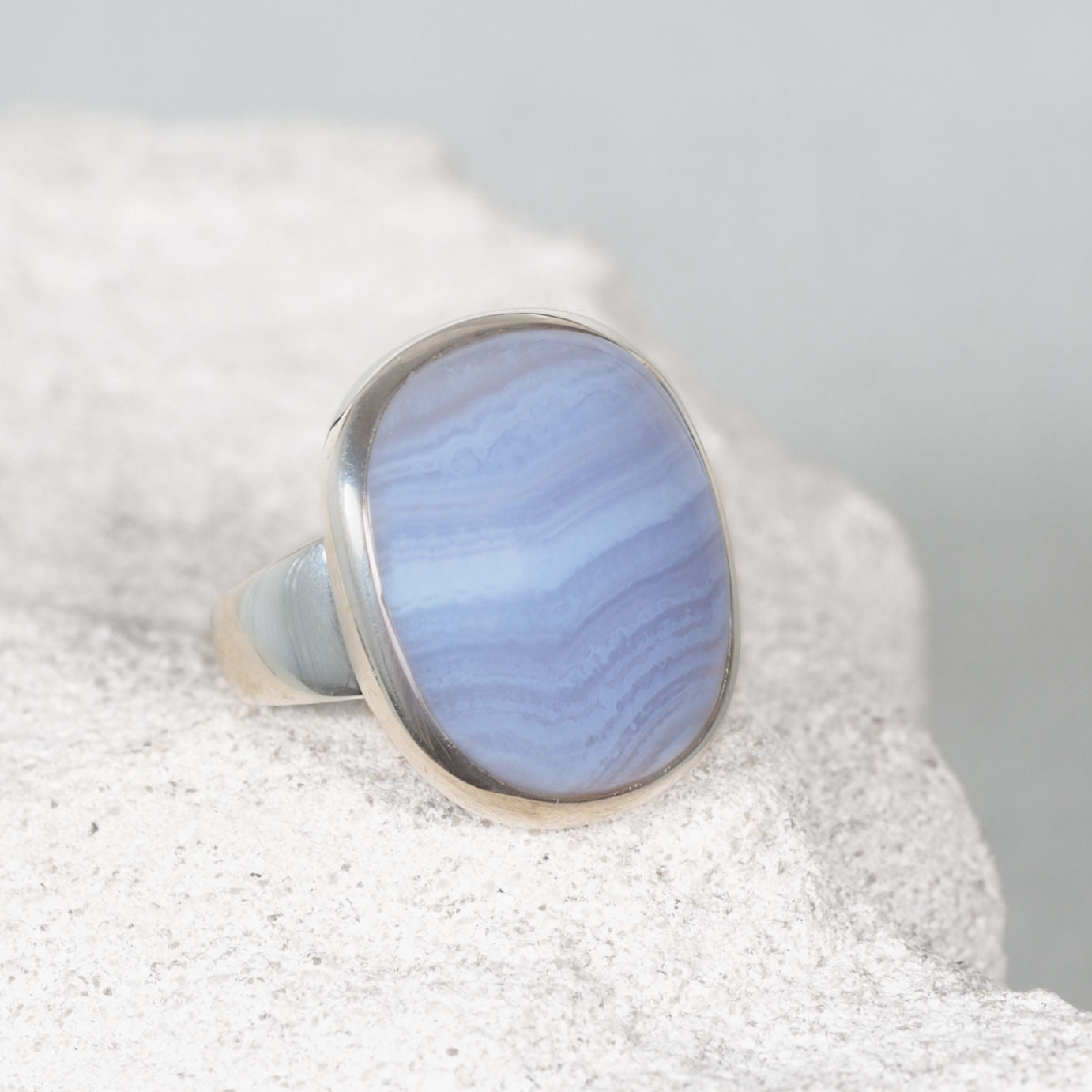 Silver ring featuring a rounded square Blue Lace Agate gemstone with soft blue tones and natural veining