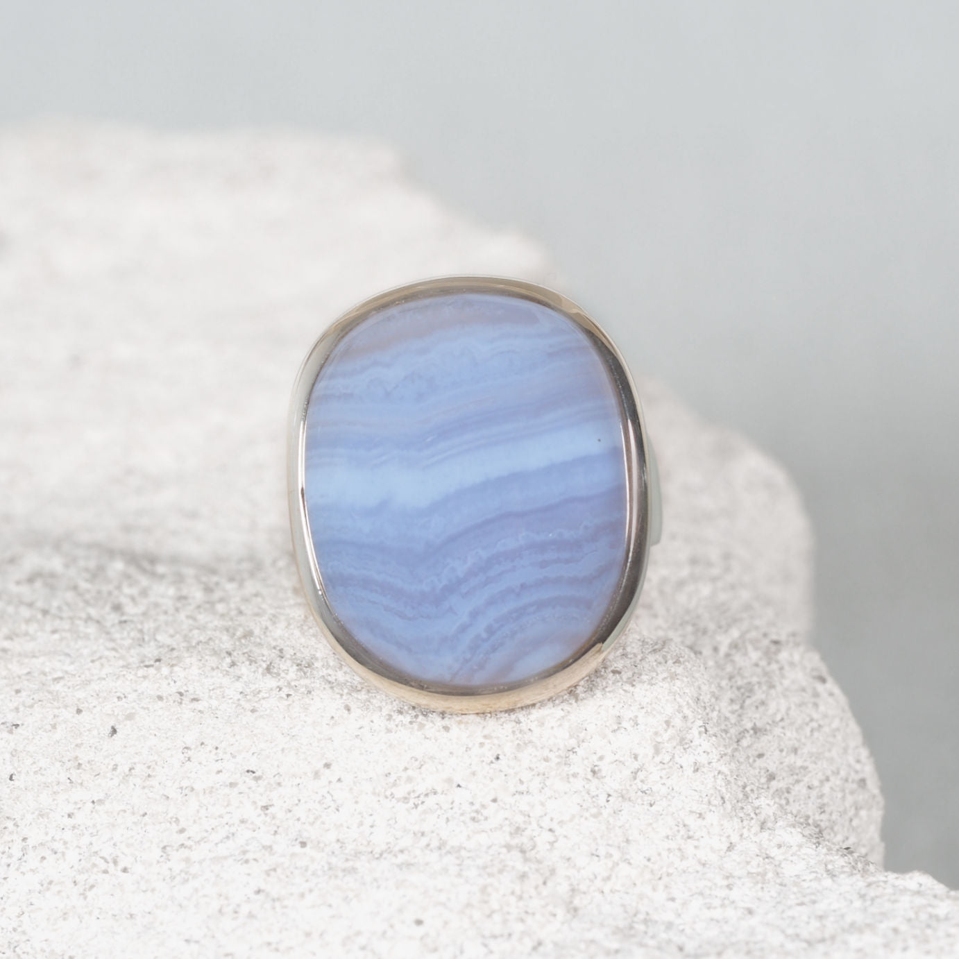 ‘Zaria’ Blue Lace Agate ring with rounded square cabochon set in polished silver