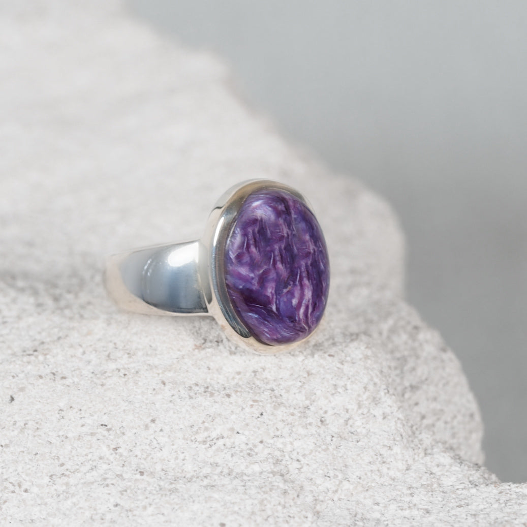 'Destiny' Charoite ring in a silver setting, displaying rich purple colour