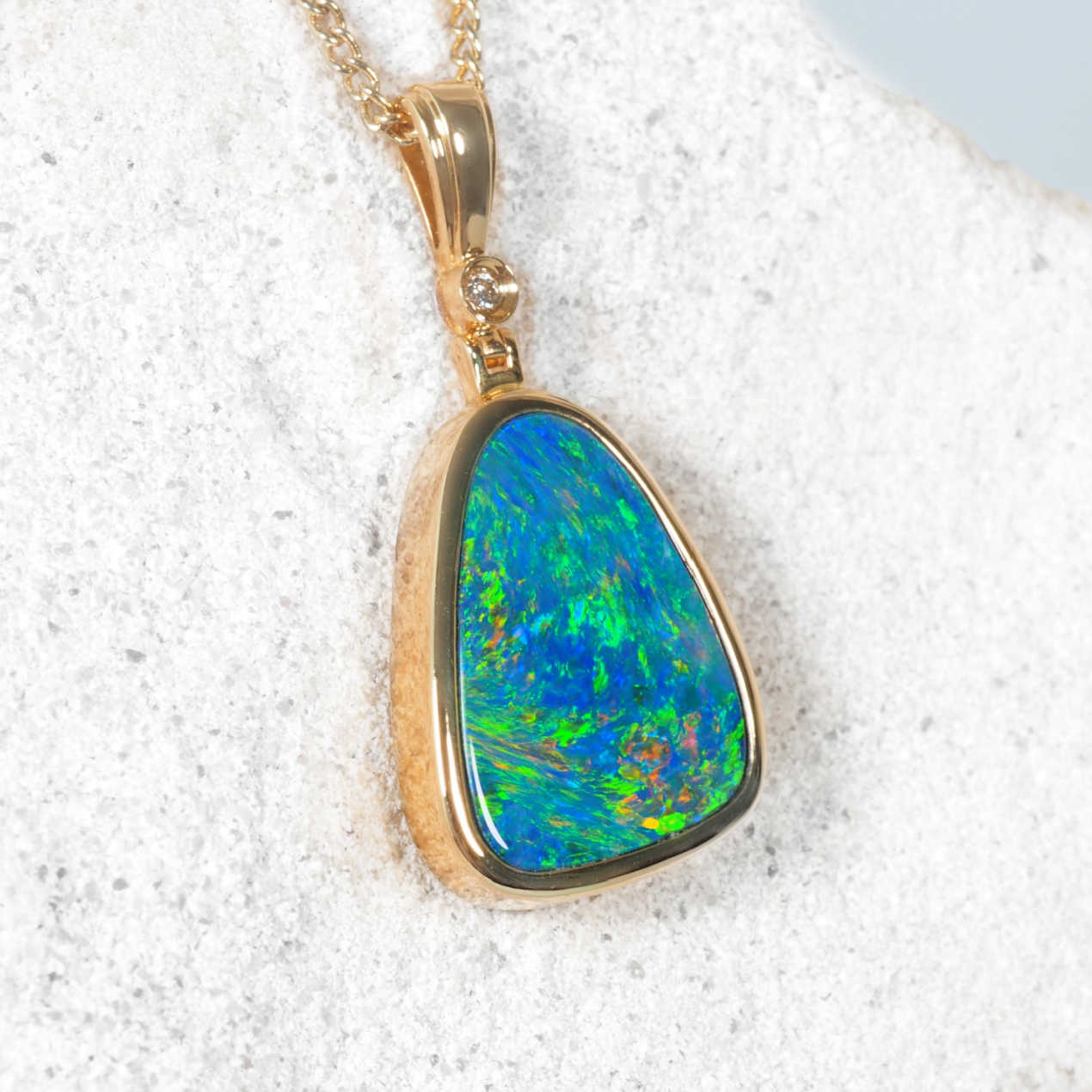 'Danika' 14ct gold pendant with triangular Australian doublet opal and bezel-set white diamond