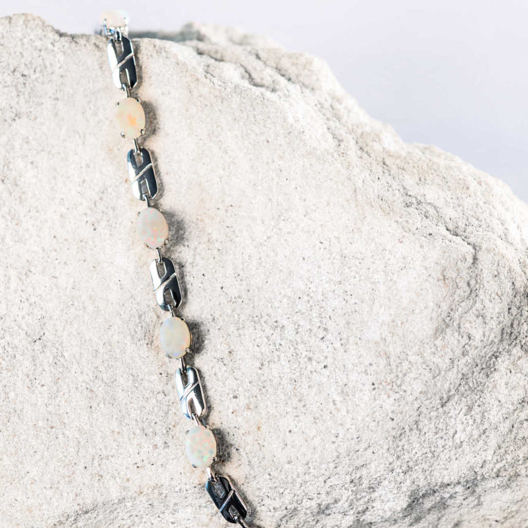 multi-coloured white opal silver bracelet in a double link design