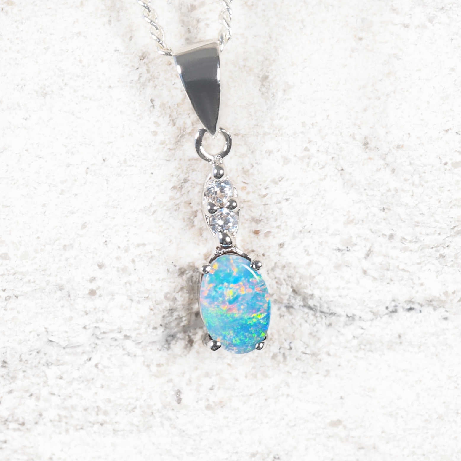 Sterling silver opal pendant with multi-coloured Australian doublet opal and cubic zirconias
