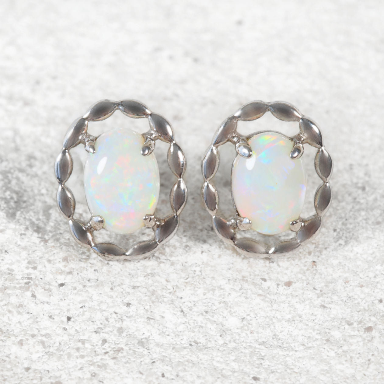 'Harley' sterling silver stud opal earrings with multi-coloured South Australian solid white opals.