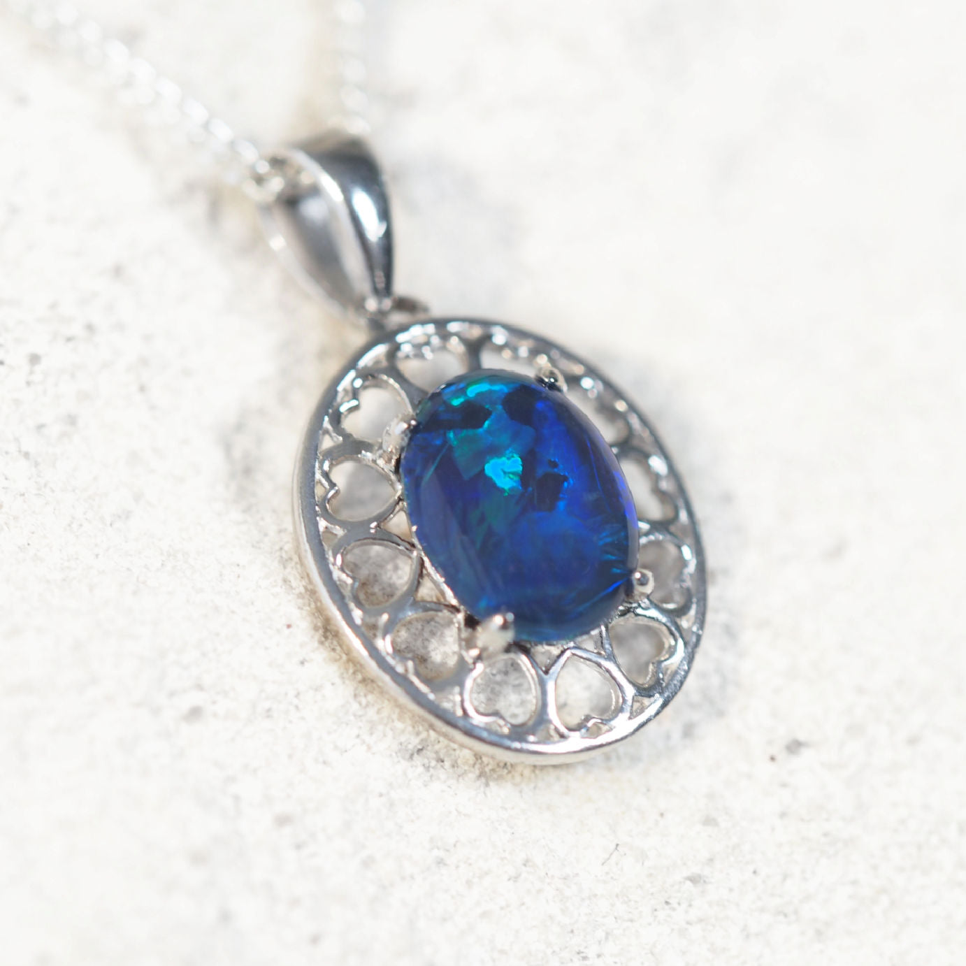 Sterling silver heart motif necklace pendant featuring oval blue-green Australian triplet opal – Amore Blue design with complimentary chain