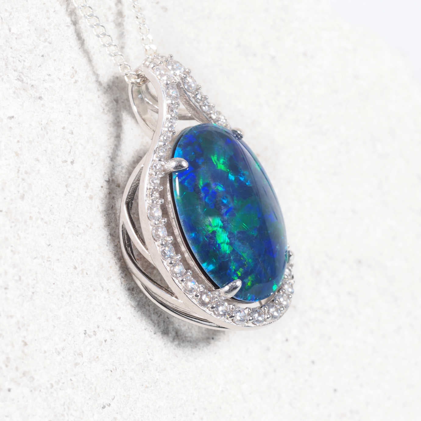 Blue and green triplet opal necklace set in sterling silver