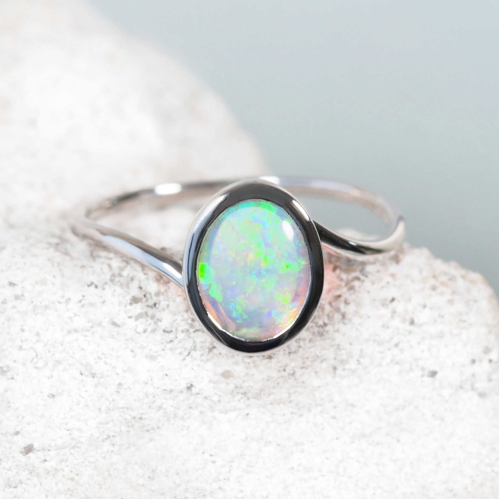 Eleni opal ring in 14ct white gold with bezel-set Coober Pedy crystal opal