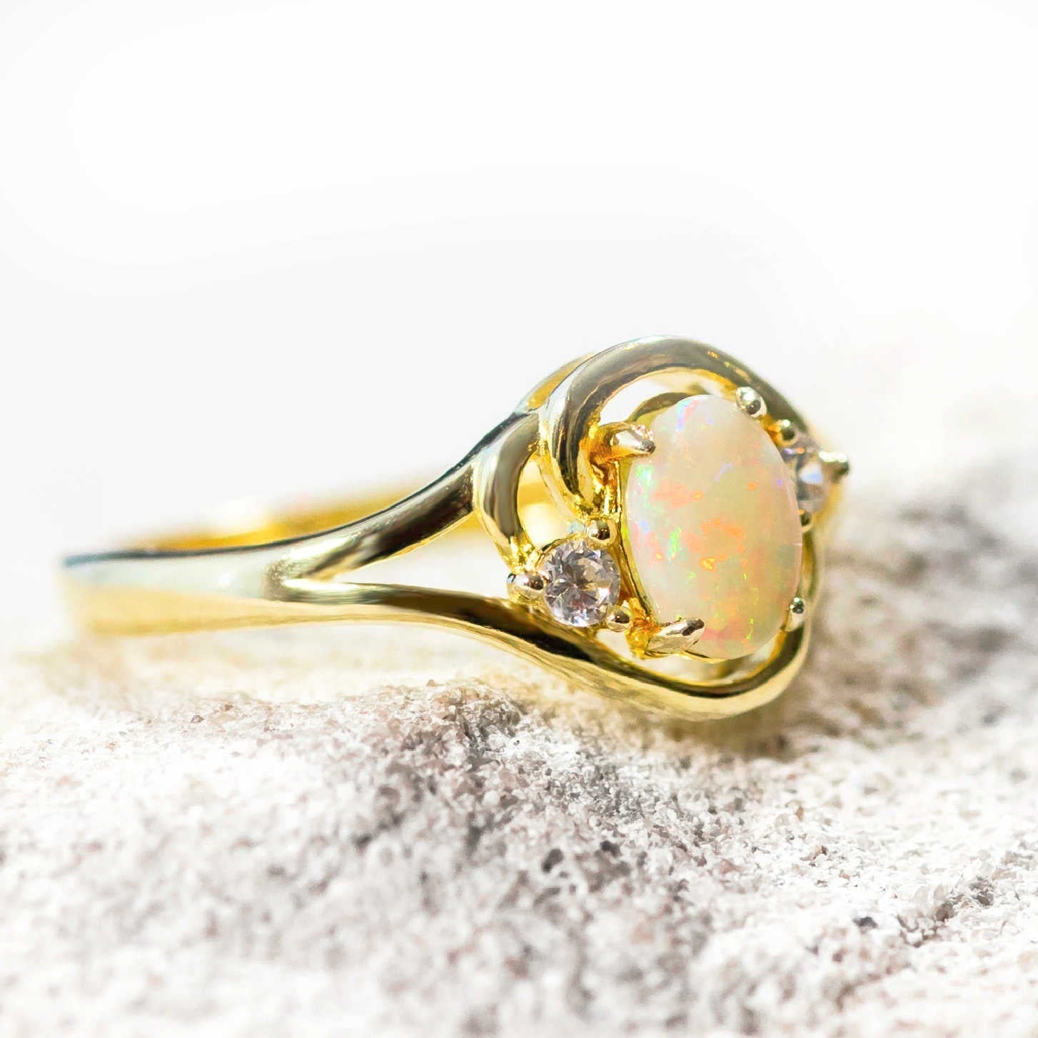 colourful white opal gold plated silver ring