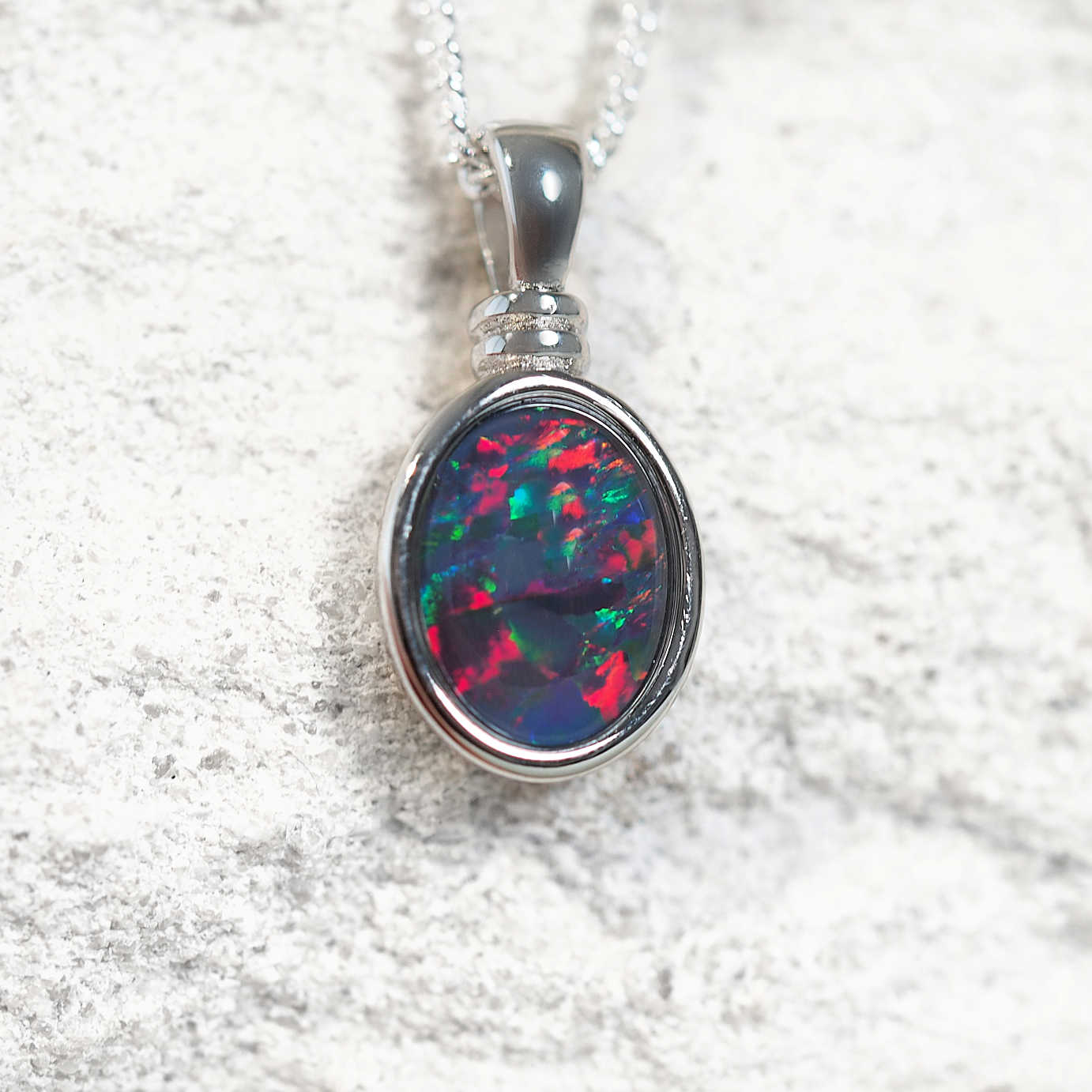Elegant sterling silver necklace pendant featuring multi-coloured Australian triplet opal – 'Alice' design with complimentary chain