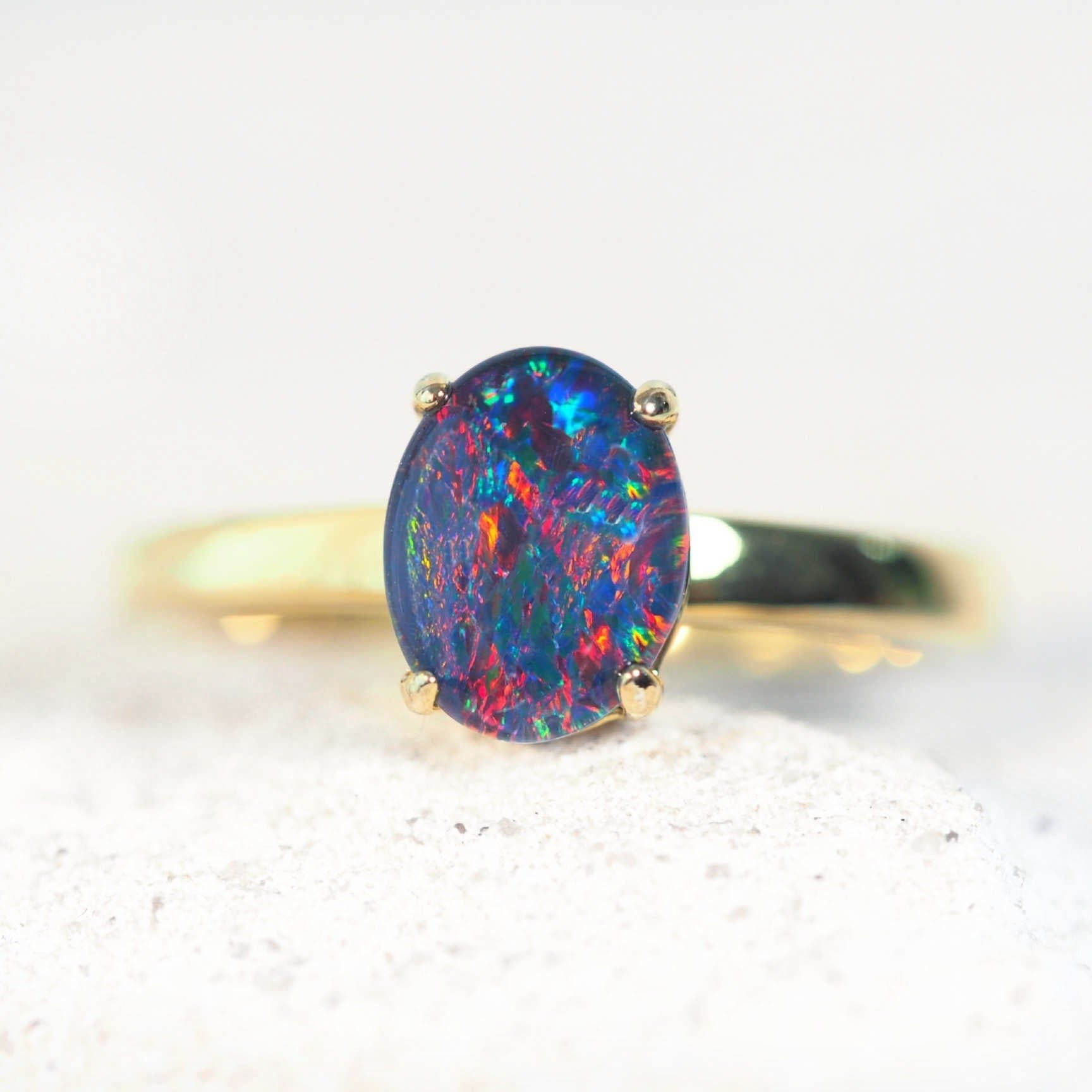 colourful classic opal ring in gold plated silver