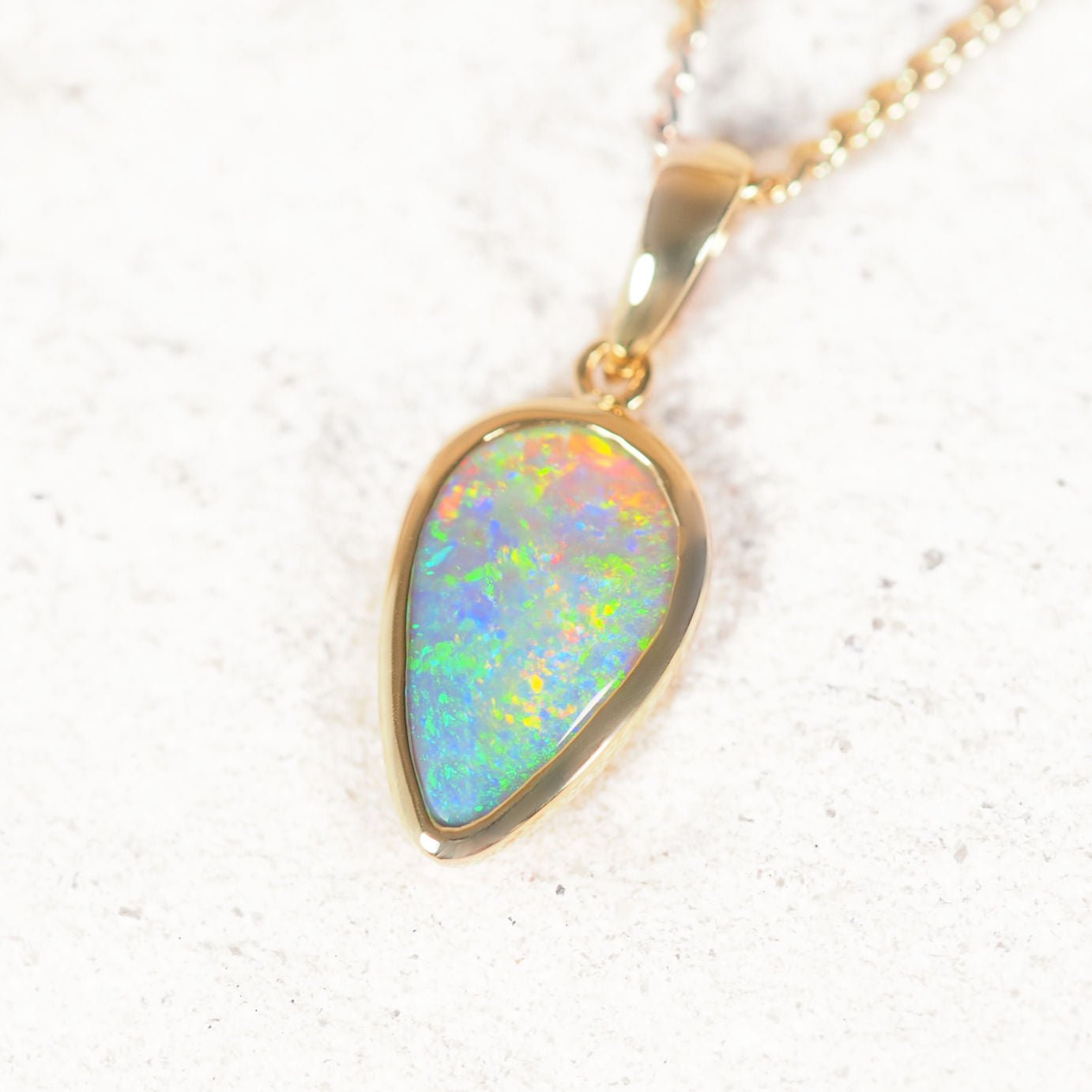 Luxury opal necklace handcrafted 18ct yellow gold pendant featuring genuine Lightning Ridge opal