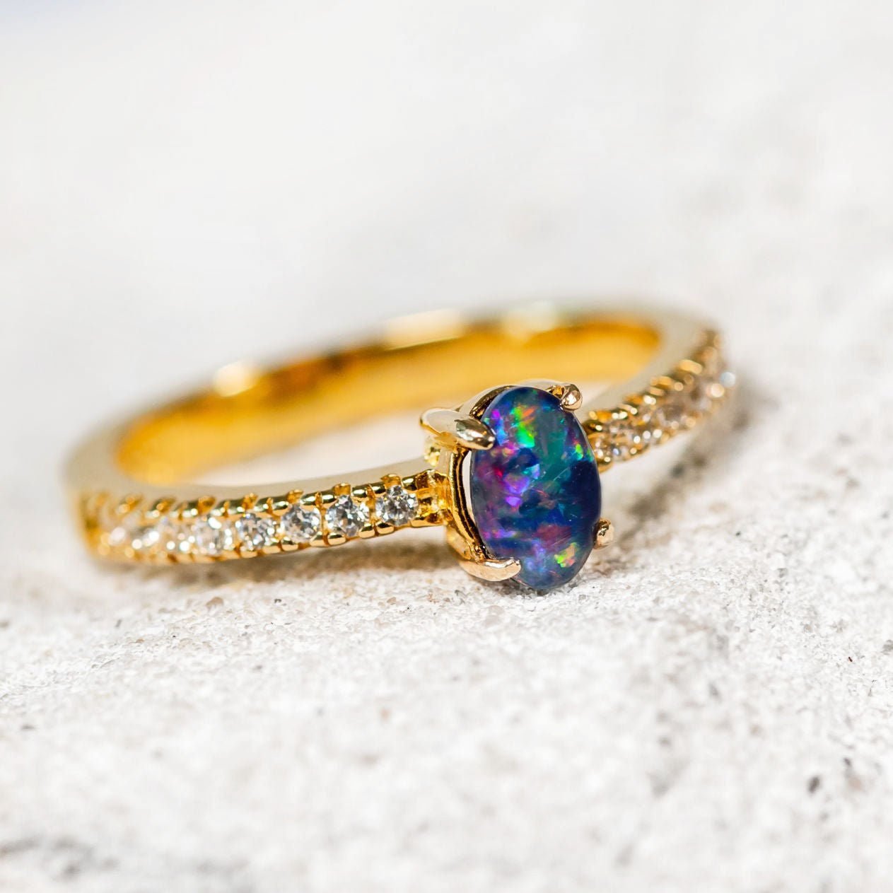 gold plated silver opal ring with 16 crystals