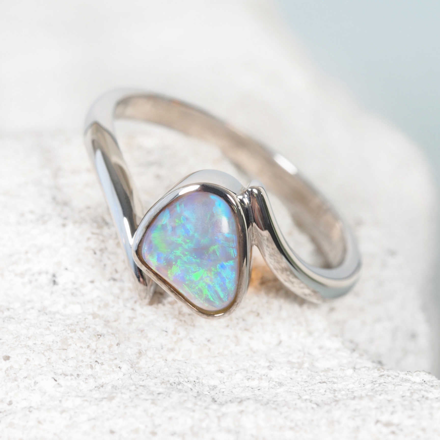 Triangular Australian crystal opal ring in sterling silver
