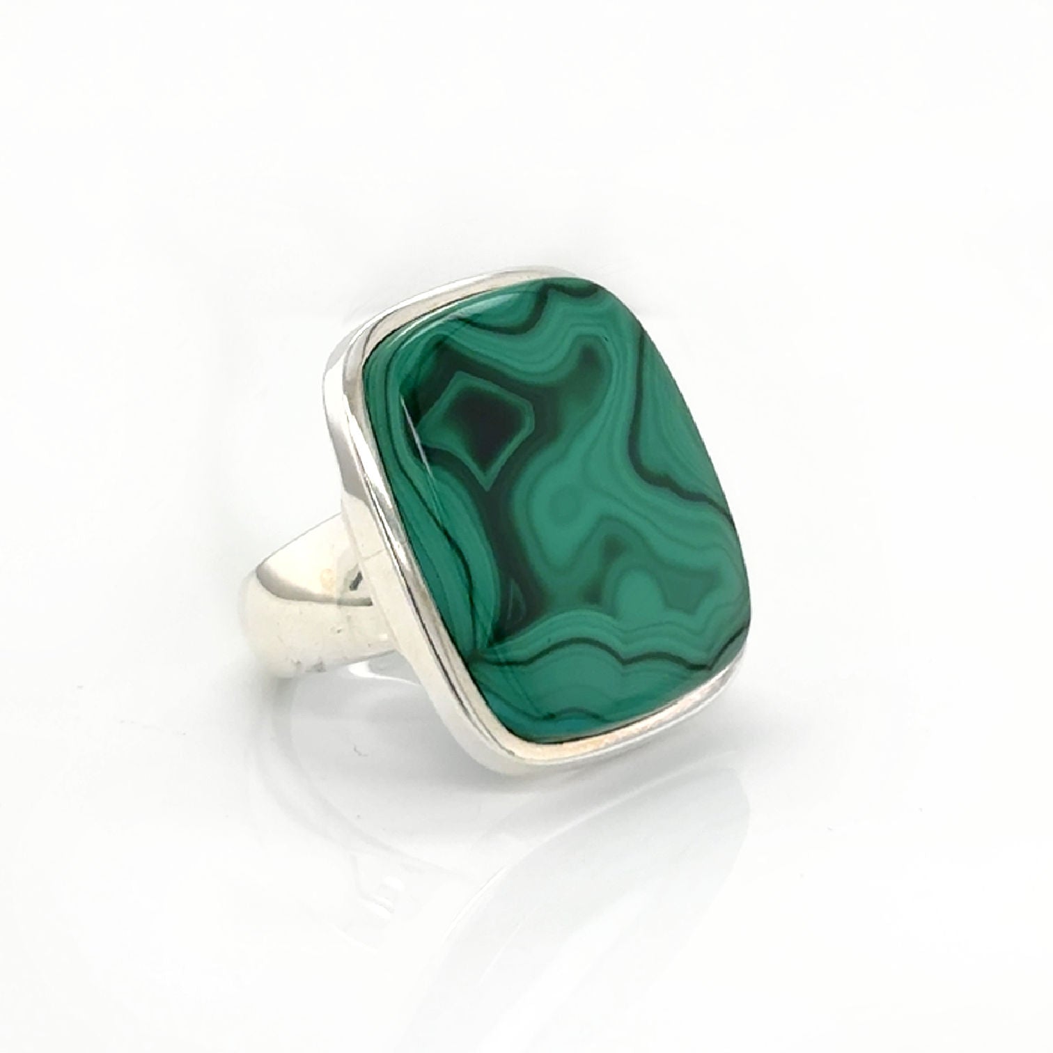 Ayana ring in sterling silver featuring square African Malachite cabochon